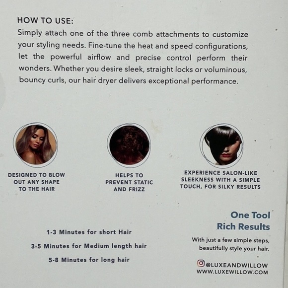 LUXE AND WILLOW Opulence Lightweight Hair Dryer with Three Comb Attachments NIB - Picture 12 of 12